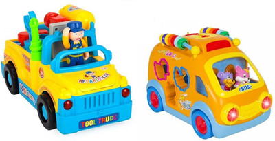 

Mayatra's Combo Of Multifunctional Toy Tool Truck With Various Tools, Lights and Music, Bump and Go Action & Huile Educational Happy Bump n Go Bus with Blocks and Music (2pcs )(Multicolor)