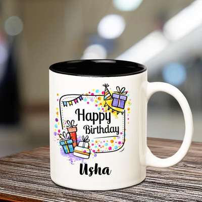 

Huppme Happy Birthday Usha Inner Black coffee name mug Ceramic Mug(350 ml), Multicolor