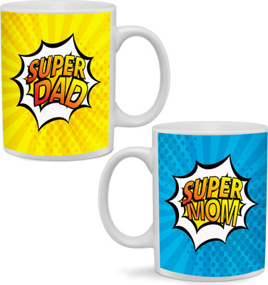 

RAMPOSH Super Mom & Dad Combos For Mom & Dad, Best Gift For Mother & Father Ceramic Mug(350 ml, Pack of 2), Multicolor