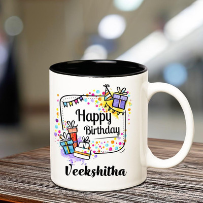 

Huppme Happy Birthday Veekshitha Inner Black coffee name mug Ceramic Mug(350 ml), Multicolor