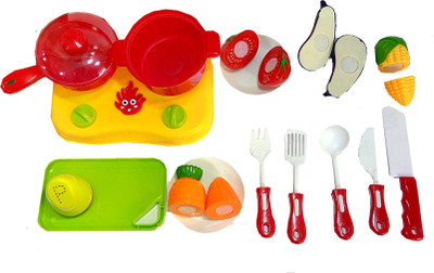 

TALKING GANESHA Realistic 17 pcs Sliceable Vegetables Cutting Play Kitchen Set Toy with various Vegetables, cooking unit, cooking utensils, cutlery, serving tray & shaker for Kids (Multi Color)