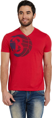 Spykar Printed Men V Neck Red T-Shirt