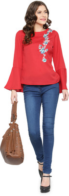 PLUSS Casual Bell Sleeve Solid Women Red Top