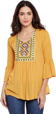 FORELEVY Casual Bell Sleeve Embroidered Women Yellow Top