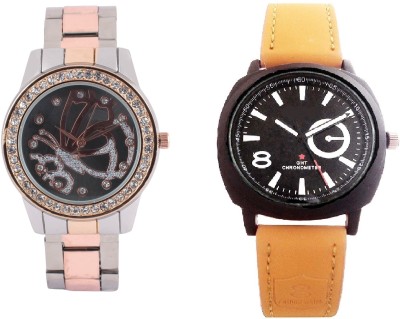 COSMIC LIGHT BROWN SPORTS BELT MEN WATCH & TWO TONE STYLES STRAP PRINTED DIAL LADIES DIAMOND STUDDED PARTY WEAR Watch  - For Couple   Watches  (COSMIC)