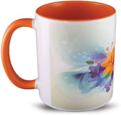 

juvixbuy Printed Orange Inside and Handle Coffee 300 ML Ceramic Mug(325 ml), Multicolor