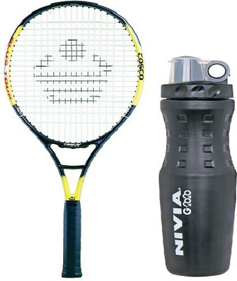 

Cosco Combo of Two , one 'Plus Tour' Tennis Racquet (Color on Availability) and one 2020 Sipper Bottle- Red, Yellow Strung Tennis Racquet(G3 - 4 3/8 Inches, 95 g)