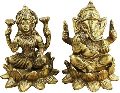 Elite Statues Lord Lakshmi Ganesh for Blessing , Health , Happiness and Stability at Home & Office, Handcrafted with Antique Look, Decorative Showpiece  -  7 cm(Brass, Gold)