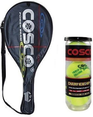

Cosco Combo of Two, one 'Power Beam' Tennis Racquet (Color on Availability) and One 'Championship'' Tennis Ball box (pack of 3) Tennis Kit