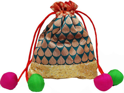 

Muren Brocade Handmade Silk Embroiderd Multicolour Potli cum Pouch with Balls Drawstrings Potli(Multicolor)