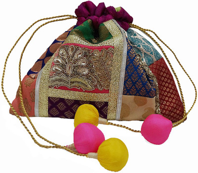 

Muren Brocade Handmade Silk Embroiderd Multicolour Potli cum Pouch with Balls Drawstrings Potli(Multicolor)
