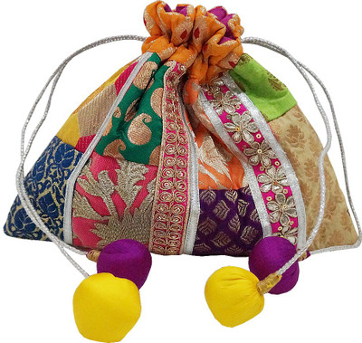 

Muren Brocade Handmade Silk Embroiderd Multicolour Potli cum Pouch with Balls Drawstrings Potli(Multicolor)