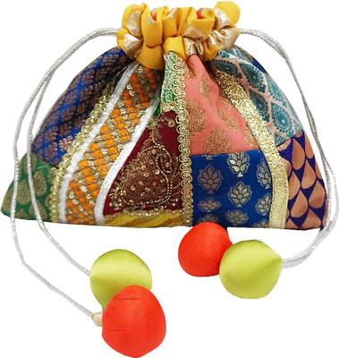 

Muren Brocade Handmade Silk Embroiderd Multicolour Potli cum Pouch with Balls Drawstrings Potli(Multicolor)