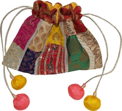 Muren Brocade Handmade Silk Embroiderd Multicolour Potli cum Pouch with Balls Drawstrings Potli