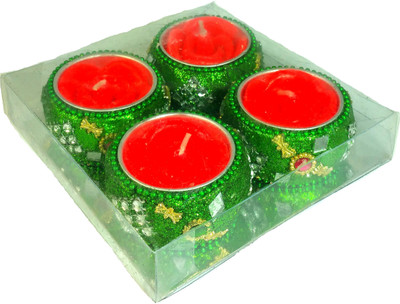 

Ammvi Creations Set of 4 Decorative Handcrafted Ornated Glitter Diya Tealight Reusable Candle with Rose Tealight Candle Candle(Green, Pack of 4)