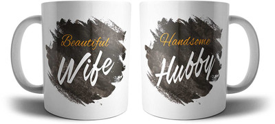 

iKraft Printed - The Beautiful Wife and Handsome Hubby Combo Coffee for Wife Husband Wedding Perfect Gift Ceramic Mug(350 ml, Pack of 2), Multicolor
