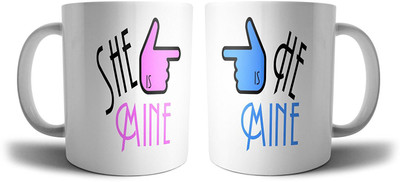

iKraft Printed Coffee - She is Mine and He is Mine Cute Coffee for Perfect Gift Ceramic Mug(350 ml, Pack of 2), Multicolor