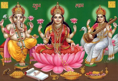 

Aabhaas Wall Poster god-s-religious-laxmi-ganesh-ji-non-tearable-synthetic-cd-emmxq Paper Print(12 inch X 18 inch, Rolled)
