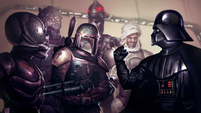 

Aabhaas Wall Poster -Star-Wars-artwork-concept-art-Darth-Vader-Boba-Fett-Dengar-Bossk-IG---LOM-bounty-hunter Paper Print(12 inch X 18 inch, Rolled)