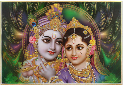 

Akhuratha Wall Poster -golden-zari-work-photo-of-radha-krishna- Paper Print(12 inch X 18 inch, Rolled)
