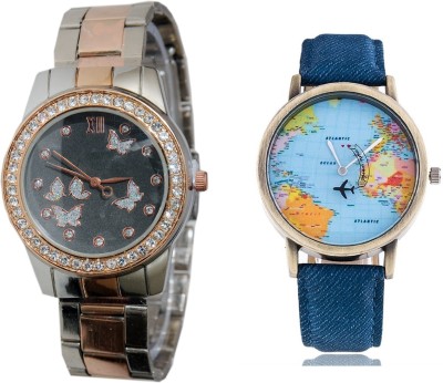 SOOMS WORLD MAP MEN WATCH & TWO TONE STRAP HAVING BEAUTIFUL BUTTERFLY PRINTED DIAL LADIES DIAMOND STUDDED PARTY WEAR Watch  - For Couple   Watches  (Sooms)