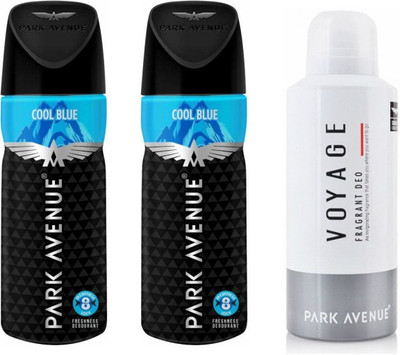

Park Avenue 2 Cool Blue and 1 Voyage Deodorant Combo Pack of 3 Deodorant Spray - For Men(390 ml, Pack of 3)