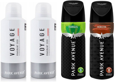 

Park Avenue 2 Voyage and 1 Tranquil and 1 Horizon Deodorant Combo Pack of 4 Deodorant Spray - For Men(520 ml, Pack of 4)