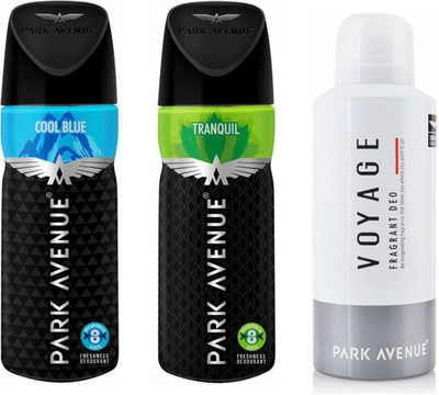 

Park Avenue 1 Cool Blue and 1 Tranquil and 1 Voyage Deodorant Combo Pack of 3 Deodorant Spray - For Men(390 ml, Pack of 3)