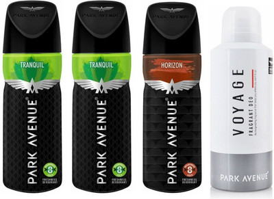 

Park Avenue 2 Tranquil and 1 Horizon and 1 Voyage Deodorant Combo Pack of 4 Deodorant Spray - For Men(520 ml, Pack of 4)