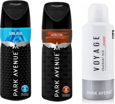 

Park Avenue 1 Cool Blue and 1 Horizon and 1 Voyage Deodorant Combo Pack of 3 Deodorant Spray - For Men(390 ml, Pack of 3)