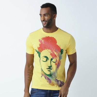 HUETRAP Printed Men Round Neck Yellow T-Shirt