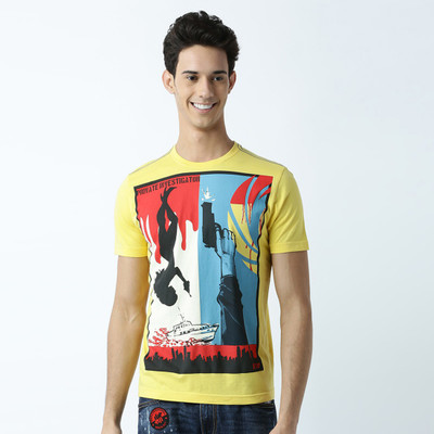 HUETRAP Graphic Print Men Round Neck Yellow T-Shirt