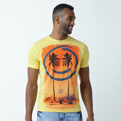 HUETRAP Graphic Print Men Round Neck Yellow T-Shirt