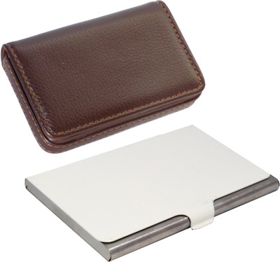Stealodeal White Stainless Steel With Soft Brown Leather Wallet 10 Card Holder(Set of 2, White, Brown)