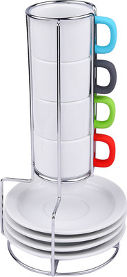 

Krauss Set of 4 Stackable Cups and Saucers with Silicone Coated Handle Ceramic(Multicolor, Pack of 4)