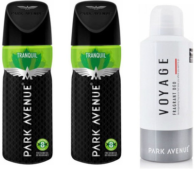 

Park Avenue 2 Tranquil and 1 Voyage Deodorant Combo Pack of 3 Deodorant Spray - For Men(390 ml, Pack of 3)