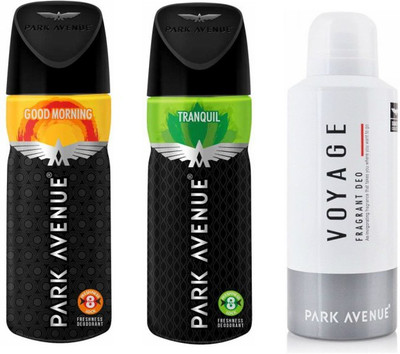 

Park Avenue 1 Good Morning and 1 Tranquil and 1 Voyage Deodorant Combo Pack of 3 Deodorant Spray - For Men(390 ml, Pack of 3)