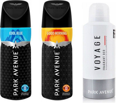 

Park Avenue 1 Cool Blue and 1 Good Morning and 1 Voyage Deodorant Combo Pack of 3 Deodorant Spray - For Men(390 ml, Pack of 3)