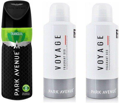 

Park Avenue 1 Tranquil and 2 Voyage Deodorant Combo Pack of 3 Deodorant Spray - For Men(390 ml, Pack of 3)