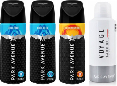 

Park Avenue 2 Cool Blue and 1 Good Morning and 1 Voyage Deodorant Combo Pack of 4 Deodorant Spray - For Men(520 ml, Pack of 4)