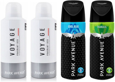 

Park Avenue 2 Voyage and 1 Cool Blue and 1 Tranuqil Deodorant Combo Pack of 4 Deodorant Spray - For Men(520 ml, Pack of 4)