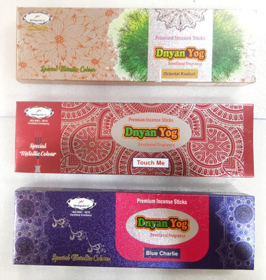 

Dnyan Yog Metallic Colour k Oriental Kasturi, Touch Me & Blue Charlie Agarbattis(58 Units)