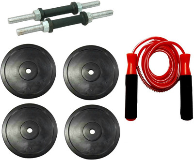 

Venom PAIR OF DUMBELL RODS ALONG WITH 4 WEIGHT PLATES AND BEARING RED COLOR SKIPPING ROPE Gym & Fitness Kit