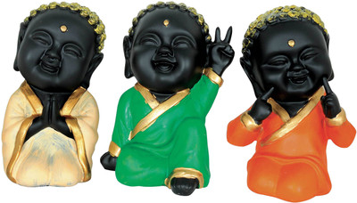 Grazzo Smiling Child Buddha Set of 3 Decorative Showpiece - 13 cm(Polyresin, Orange, Green, Beige)