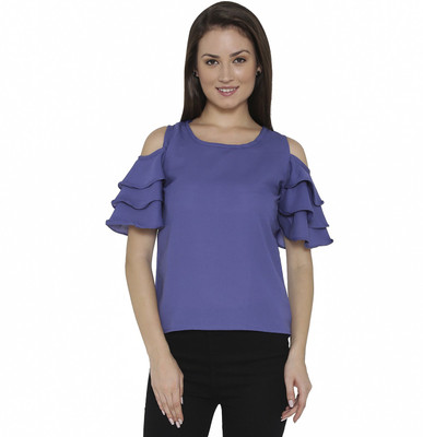 Chimpaaanzee Party Bell Sleeve Solid Women Blue Top