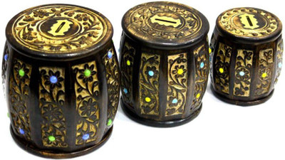 

VAS Collection Home Wooden Carving 3-pc Drum Money Coin Bank(Brown)