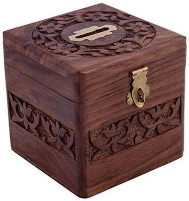 

Worthy Shoppee Decorative Handmade Wooden Square Shape Money Bank/Piggy Bank/Coin Bank = WITH LOCK {CAI-HD-0198/Size(Inch) : 4x4x4} Coin Bank(Brown)