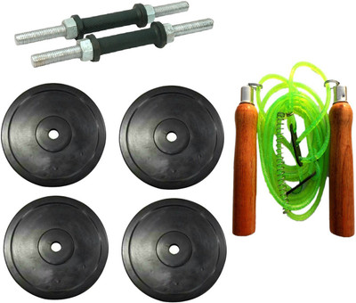 

Venom PAIR OF DUMBELL RODS ALONG WITH 4 WEIGHT PLATES AND WOODEN HANDLE GREEN COLOR SKIPPING ROPE Gym & Fitness Kit