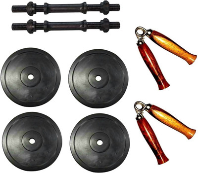 

Venom PAIR OF DUMBELL RODS ALONG WITH 4 WEIGHT PLATES AND WOODEN HANDLE HAND GRIPPER Gym & Fitness Kit