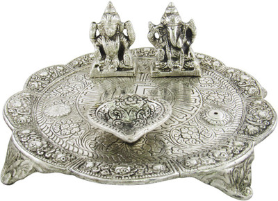 

GoldGiftIdeas Oxidized Laxmi Ganesha Idol With Pooja Thali and Diya, Iron(1 Pieces, Silver)